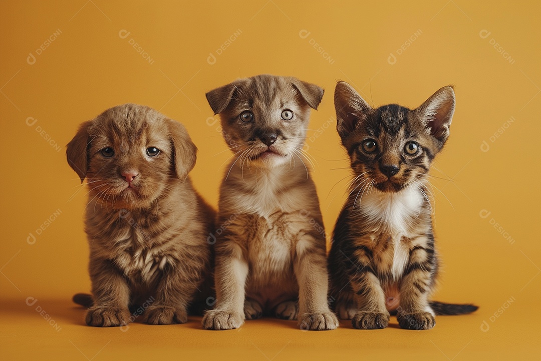 Cão e gato sentado para foto, isolado, fundo amarelo, animais de estimação, companheiros