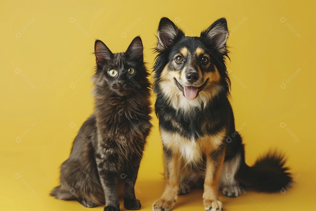 Cão e gato sentado para foto, isolado, fundo amarelo, animais de estimação, companheiros