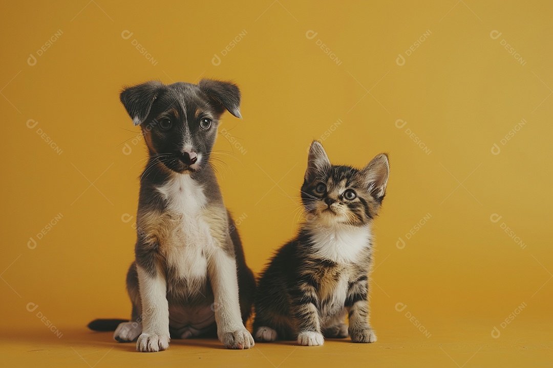 Cão e gato sentado para foto, isolado, fundo amarelo, animais de estimação, companheiros