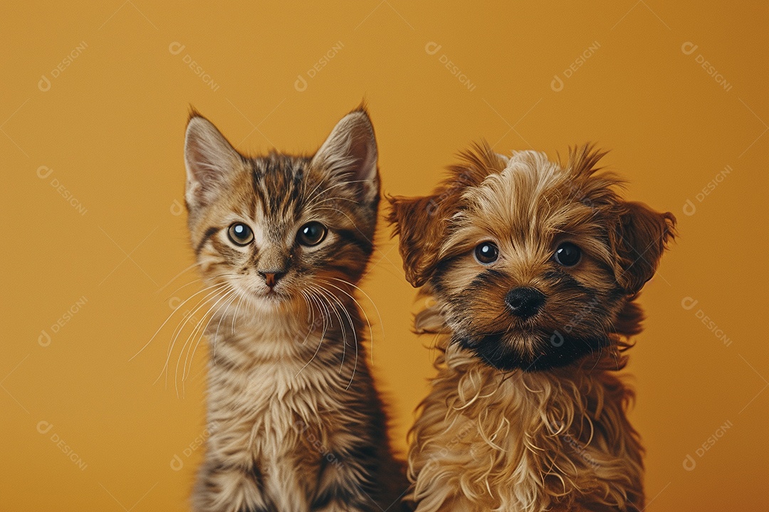 Cão e gato sentado para foto, isolado, fundo amarelo, animais de estimação, companheiros