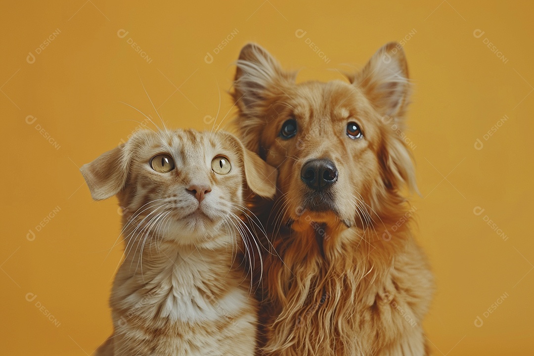Cão e gato sentado para foto, isolado, fundo amarelo, animais de estimação, companheiros