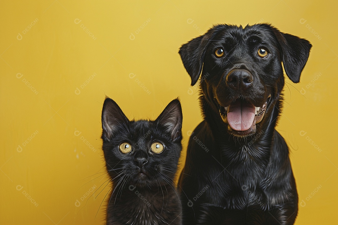 Cão e gato sentado para foto, isolado, fundo amarelo, animais de estimação, companheiros