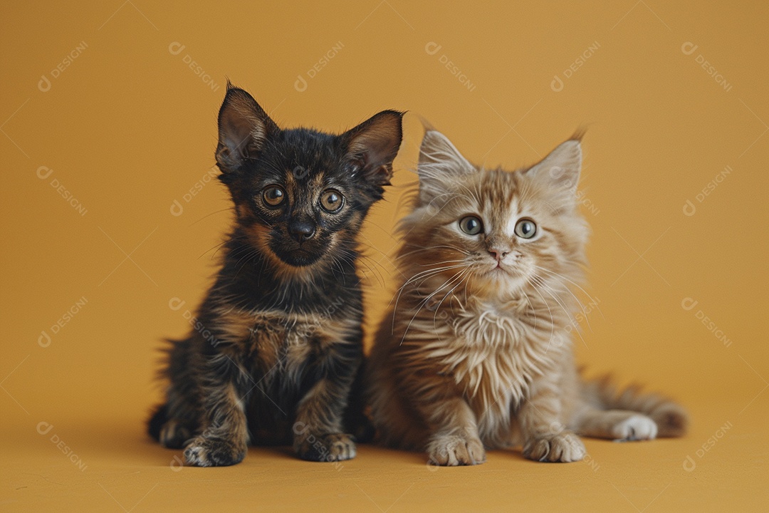 Cão e gato sentado para foto, isolado, fundo amarelo, animais de estimação, companheiros