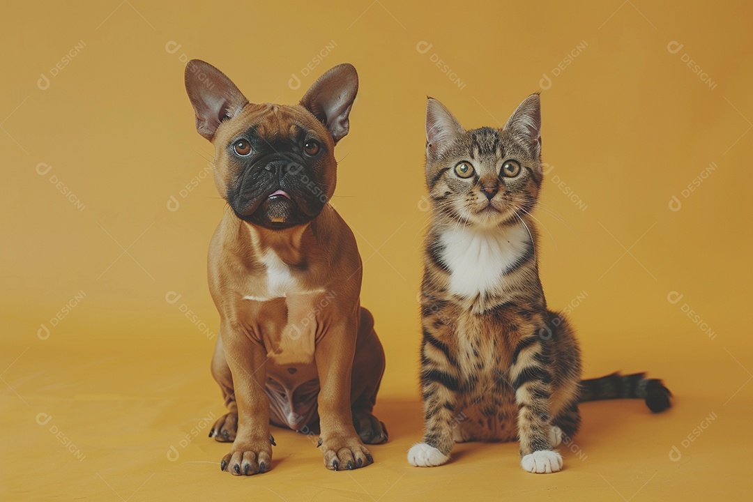 Cão e gato sentado para foto, isolado, fundo amarelo, animais de estimação, companheiros