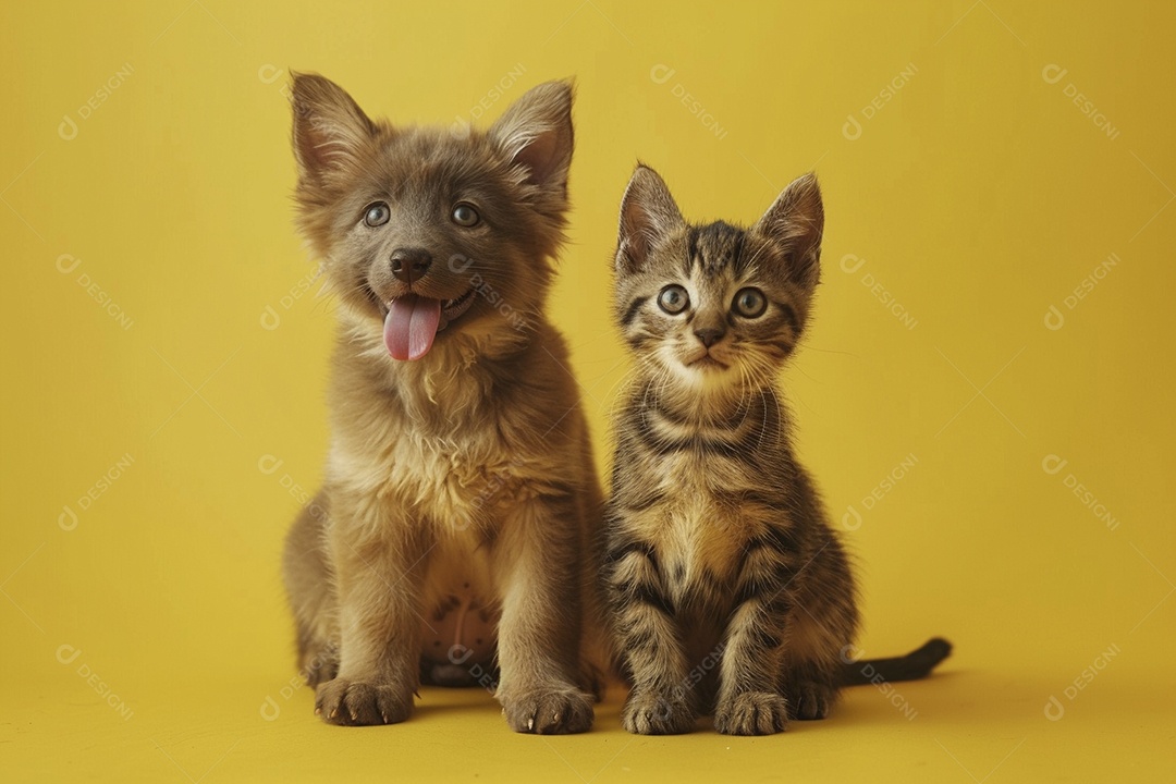 Cão e gato sentado para foto, isolado, fundo amarelo, animais de estimação, companheiros