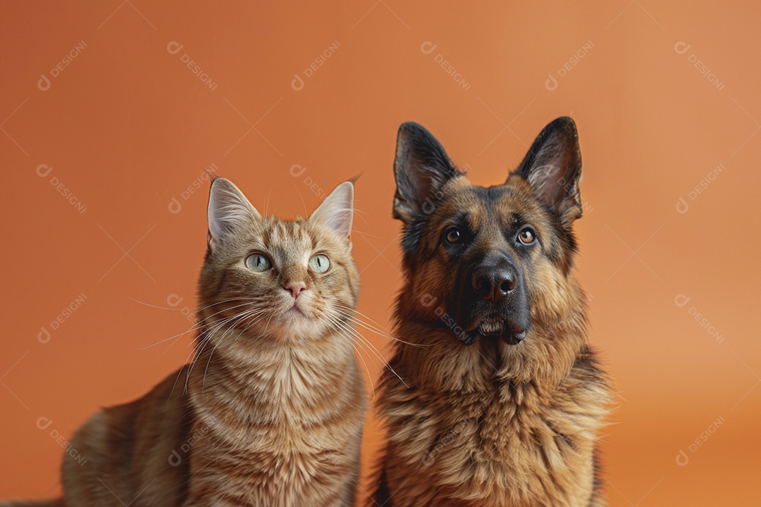 Cão e gato sentado para foto, isolado, fundo amarelo, animais de estimação, companheiros