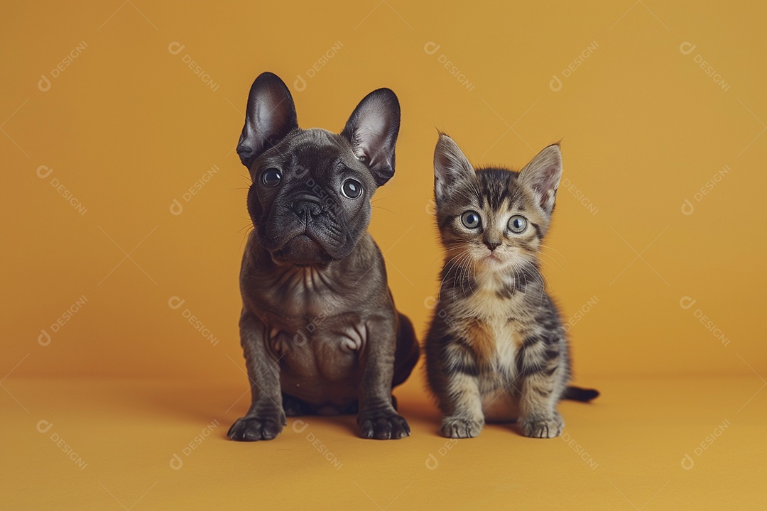Cão e gato sentado para foto, isolado, fundo amarelo, animais de estimação, companheiros