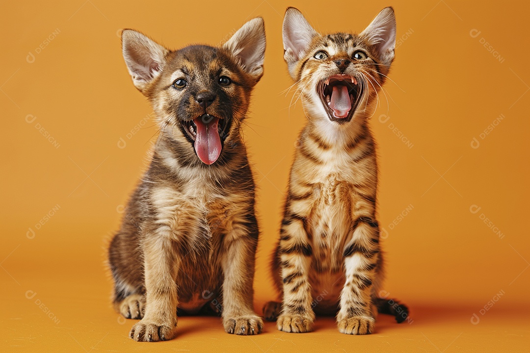 Cão e gato sentado para foto, isolado, fundo amarelo, animais de estimação, companheiros