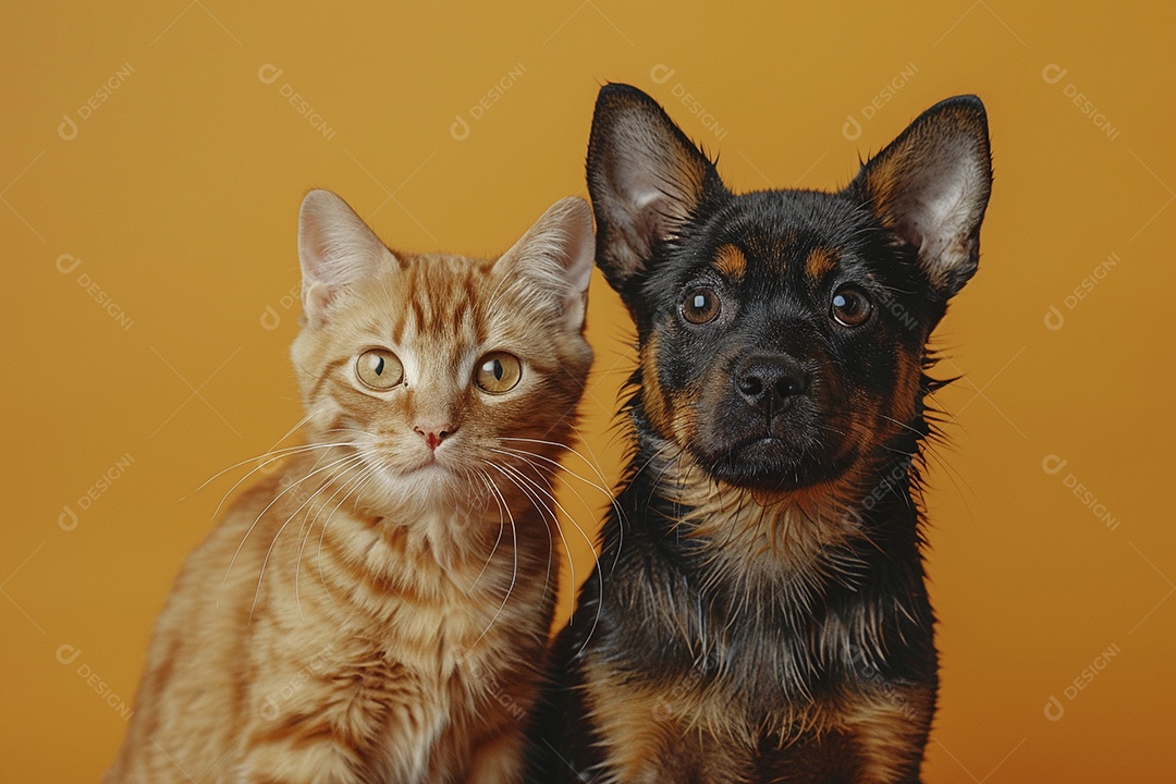 Cão e gato sentado para foto, isolado, fundo amarelo, animais de estimação, companheiros