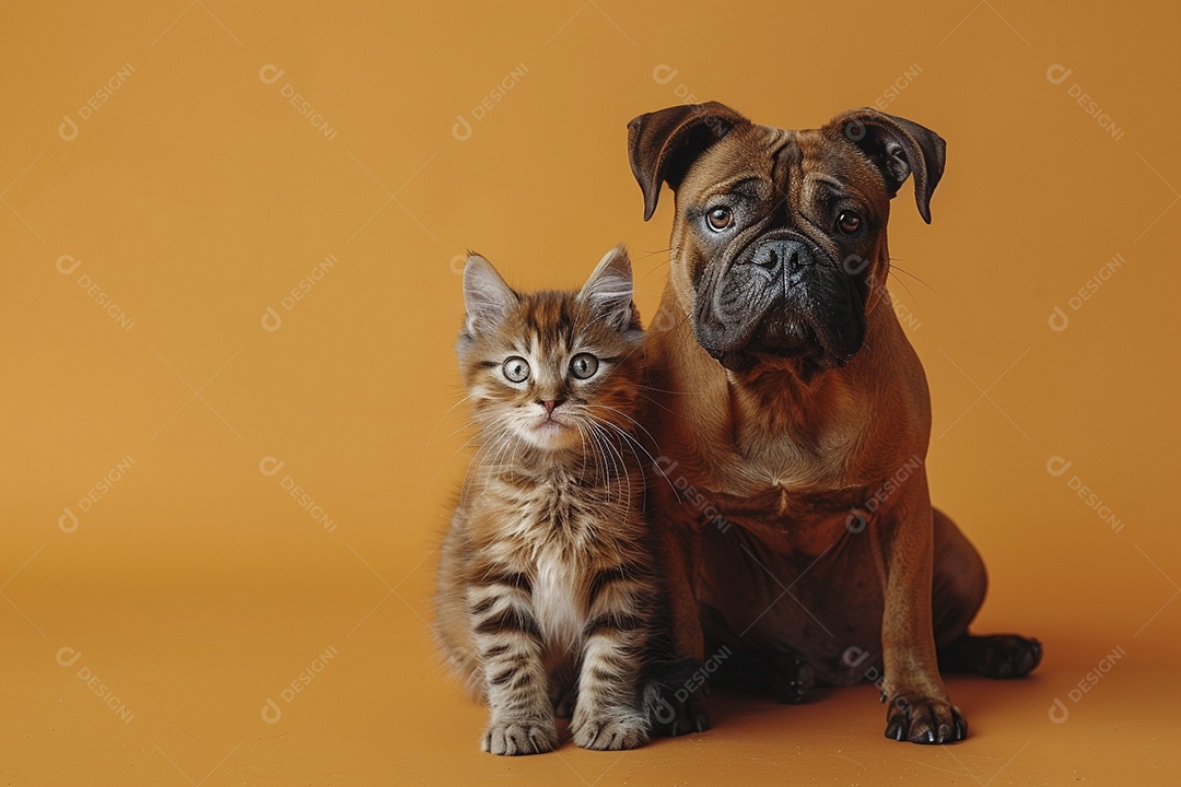 Cão e gato sentado para foto, isolado, fundo amarelo, animais de estimação, companheiros