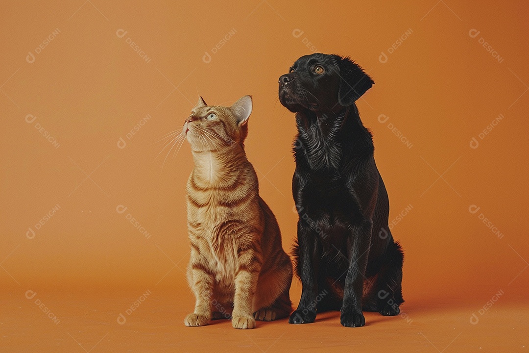 Cão e gato sentado para foto, isolado, fundo amarelo, animais de estimação, companheiros