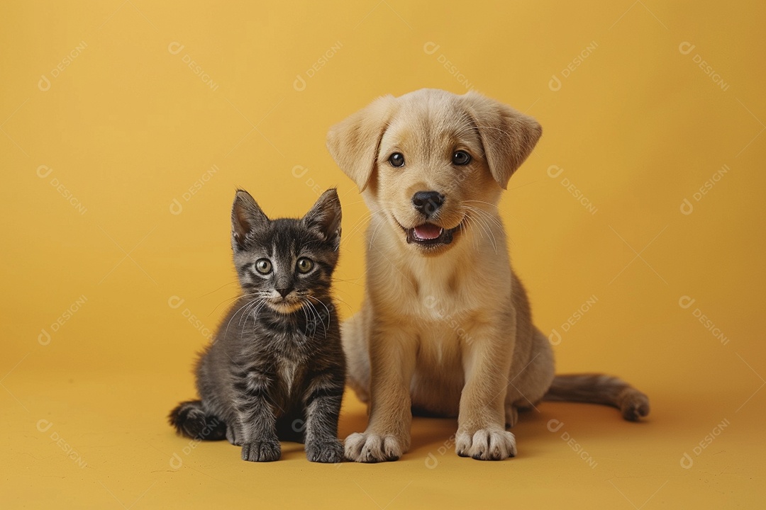 Cão e gato sentado para foto, isolado, fundo amarelo, animais de estimação, companheiros