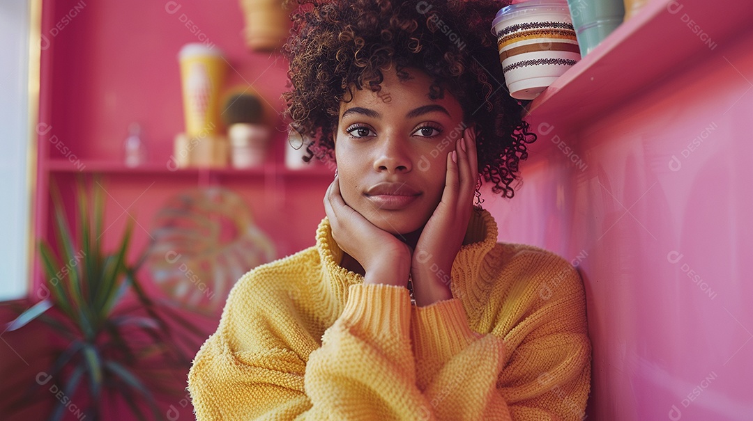Mulher negra feliz tomando café, sorrindo, relaxamento, felicidade, diversão