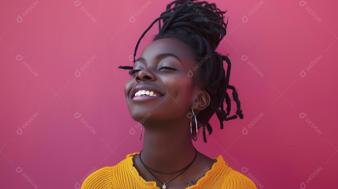 Mulher negra feliz tomando café, sorrindo, relaxamento, felicidade, diversão