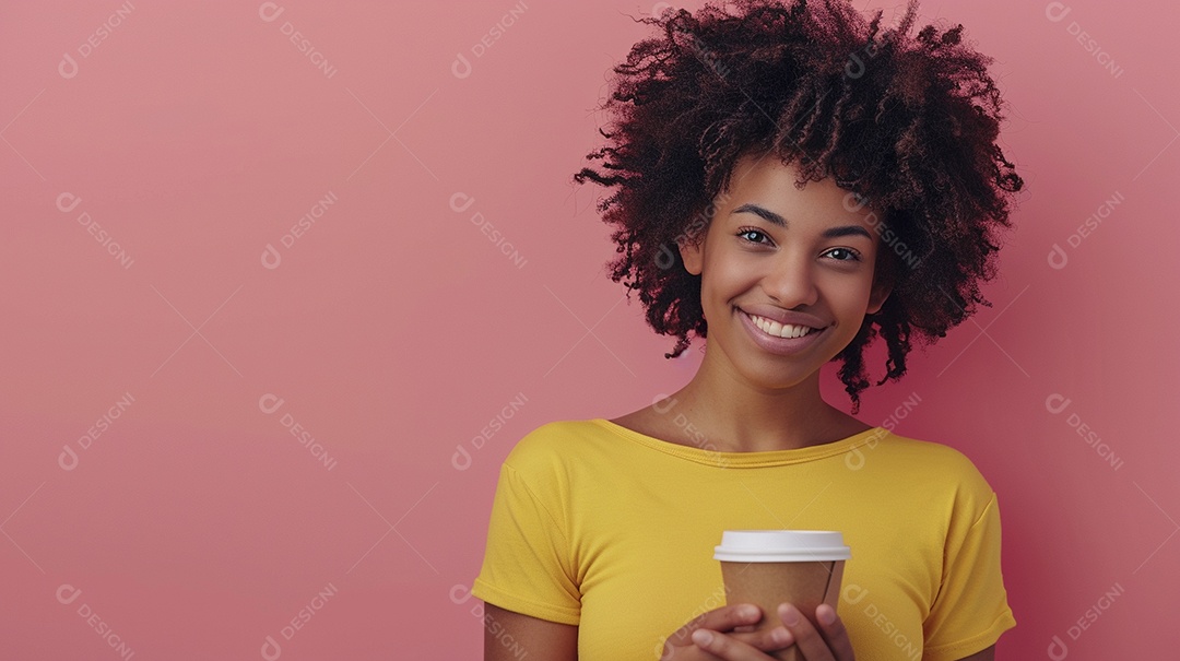 Mulher negra feliz tomando café, sorrindo, relaxamento, felicidade, diversão