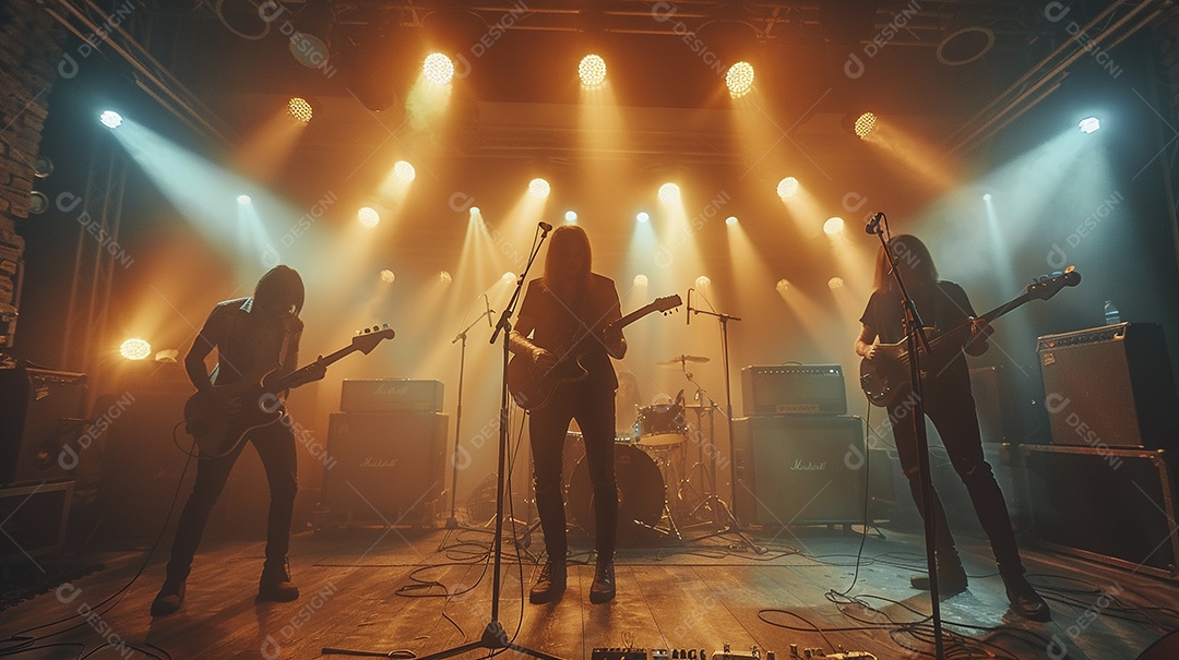 Banda musical se apresentando no palco de concertos, músicos, guitarristas, performance ao vivo