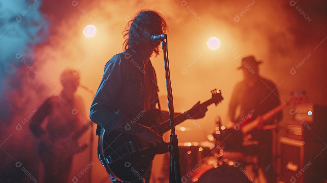Banda musical se apresentando no palco de concertos, músicos, guitarristas, performance ao vivo