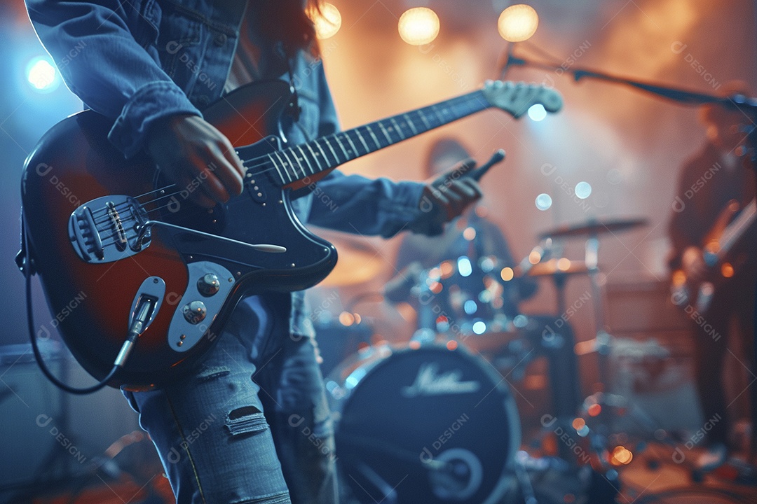 Banda musical se apresentando no palco de concertos, músicos, guitarristas, performance ao vivo