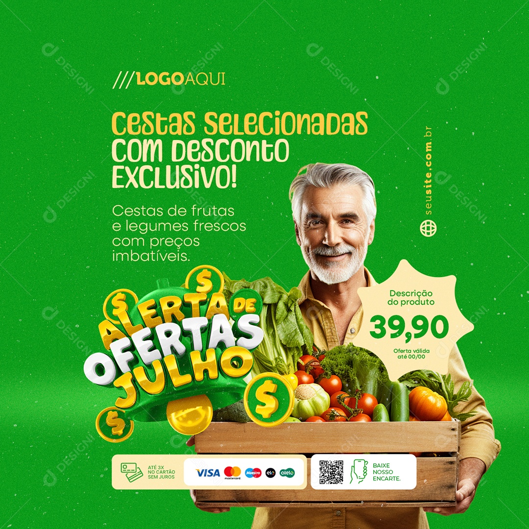 Alerta de Ofertas Julho Cestas Selecionadas com Descontos Exclusivos Social Media PSD Editável