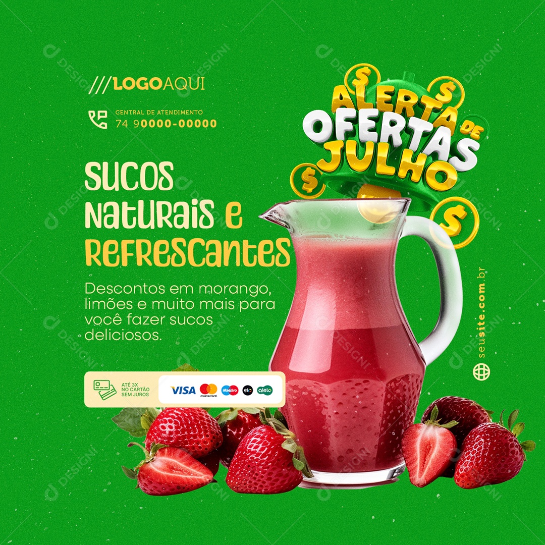 Alerta de Ofertas Julho Sucos Naturais e Refrescantes Social Media PSD Editável