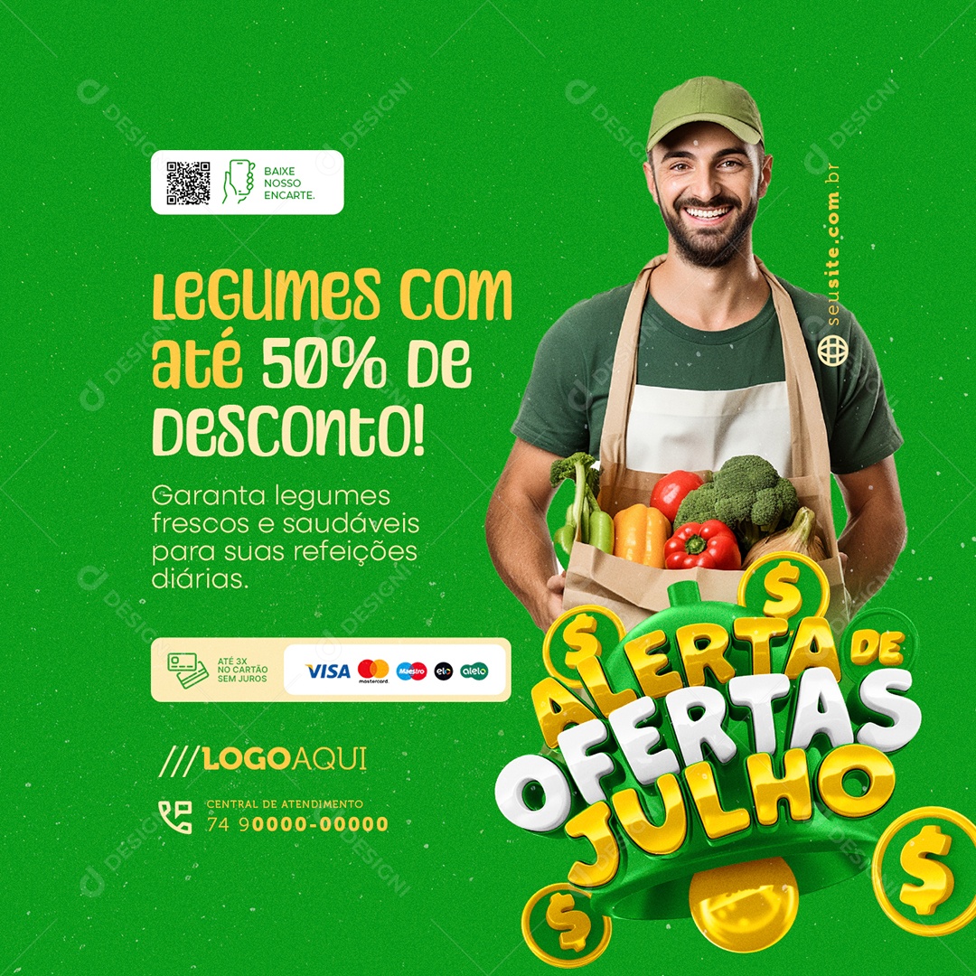 Alerta de Ofertas Julho Legumes com Desconto Social Media PSD Editável