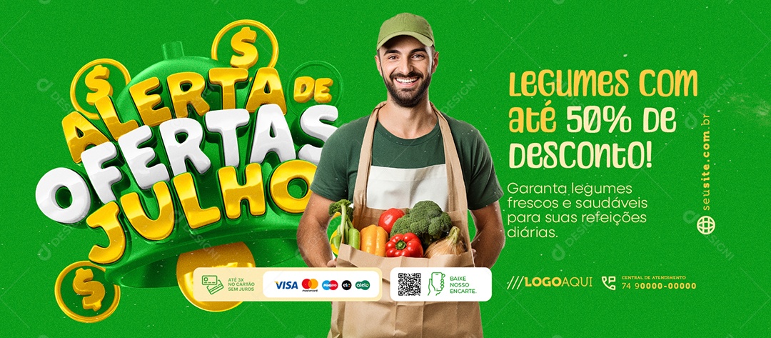 Banner Alerta de Ofertas Julho Legumes com Desconto Social Media PSD Editável