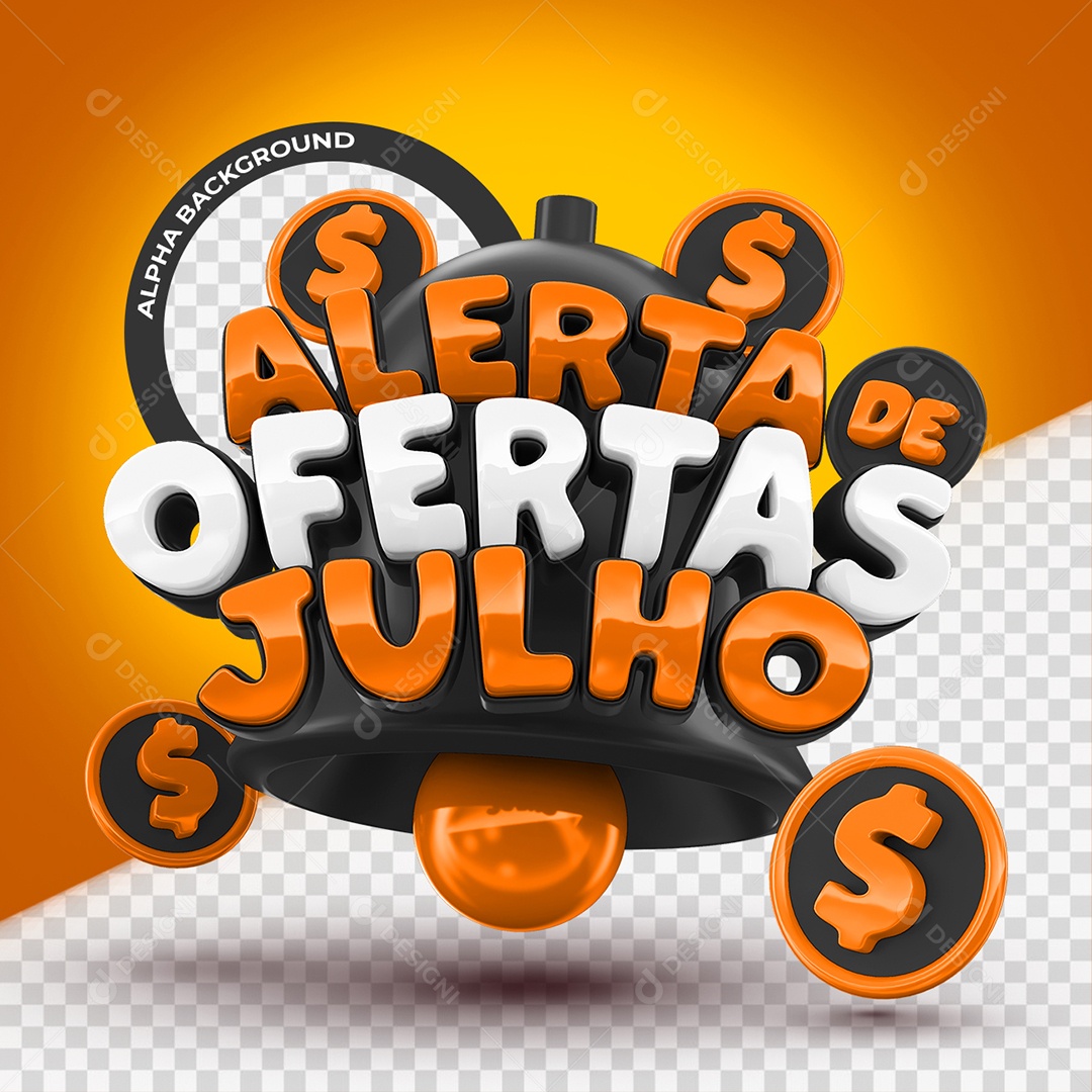 Alerta de Ofertas Julho Selo 3D Laranja e Branco para Composição PSD