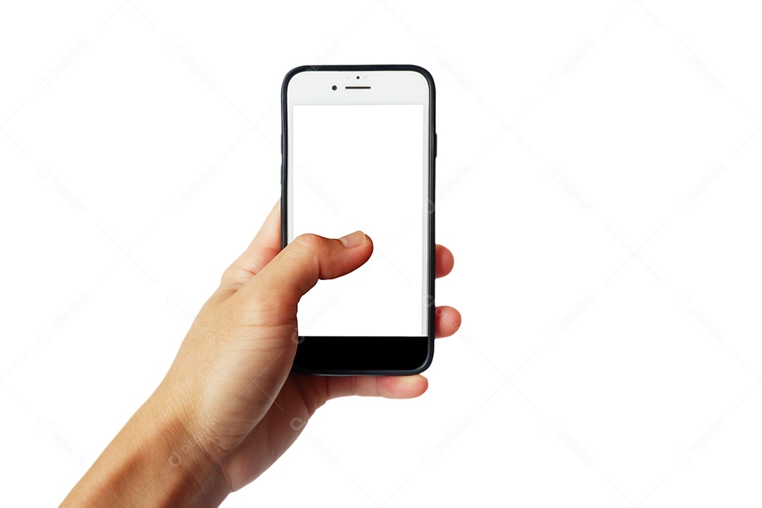 The mans hand holding a smartphone shown on a white background
