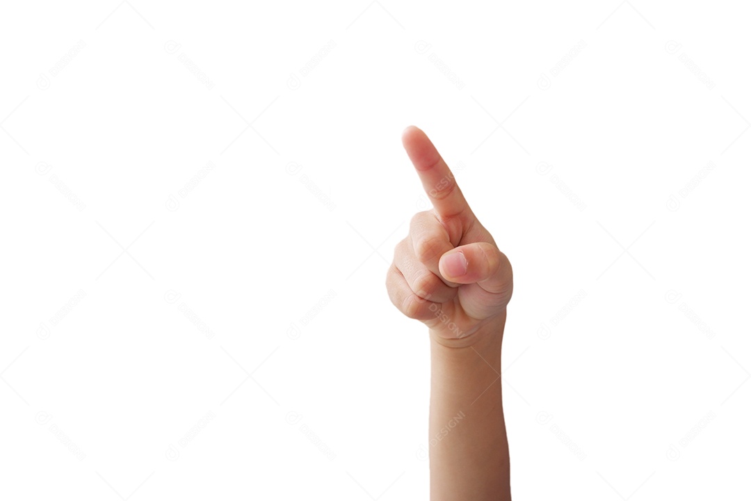 Asian boy hands making gesture of pointing on white background