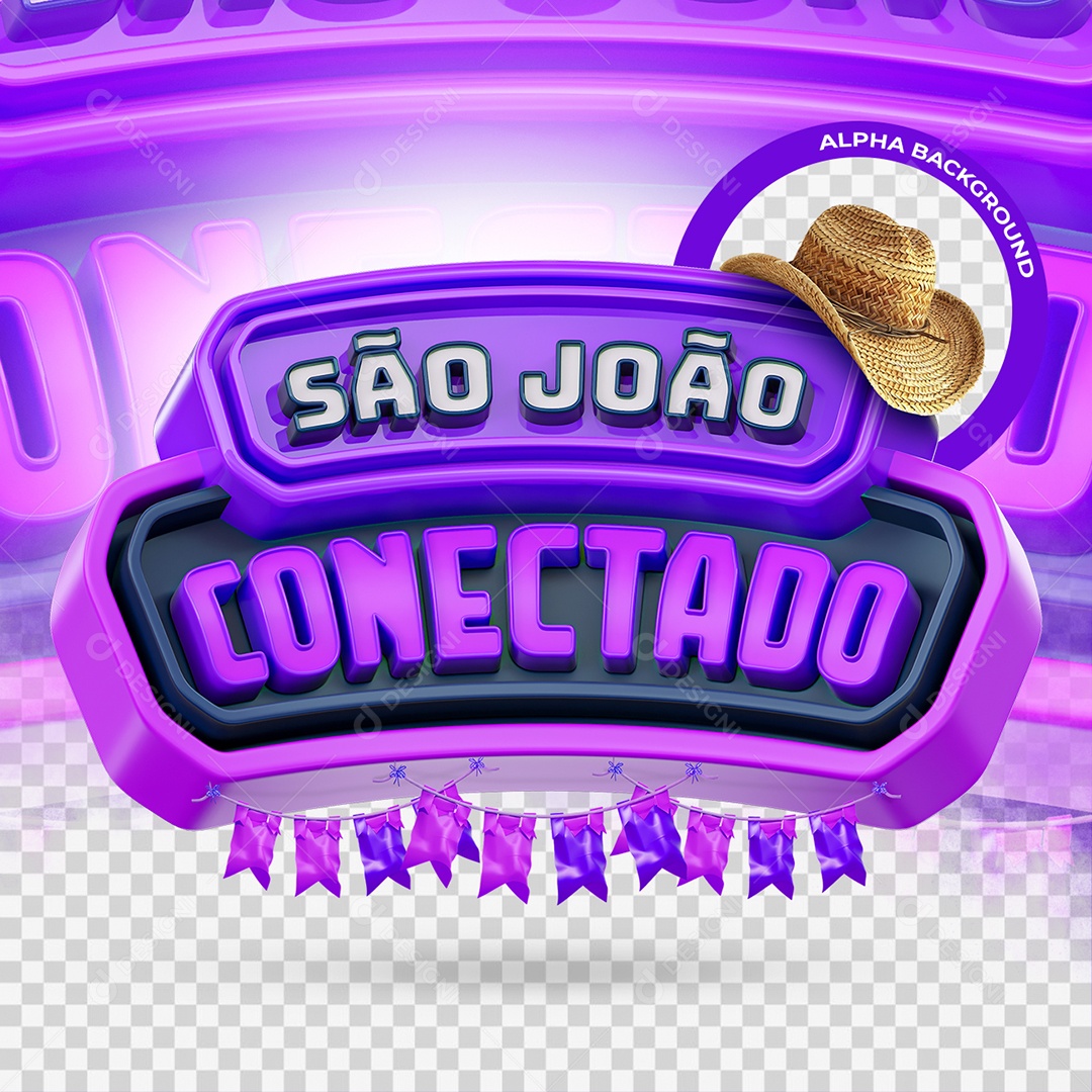 São João Conectado Selo 3D Branco e Roxo para Composição PSD