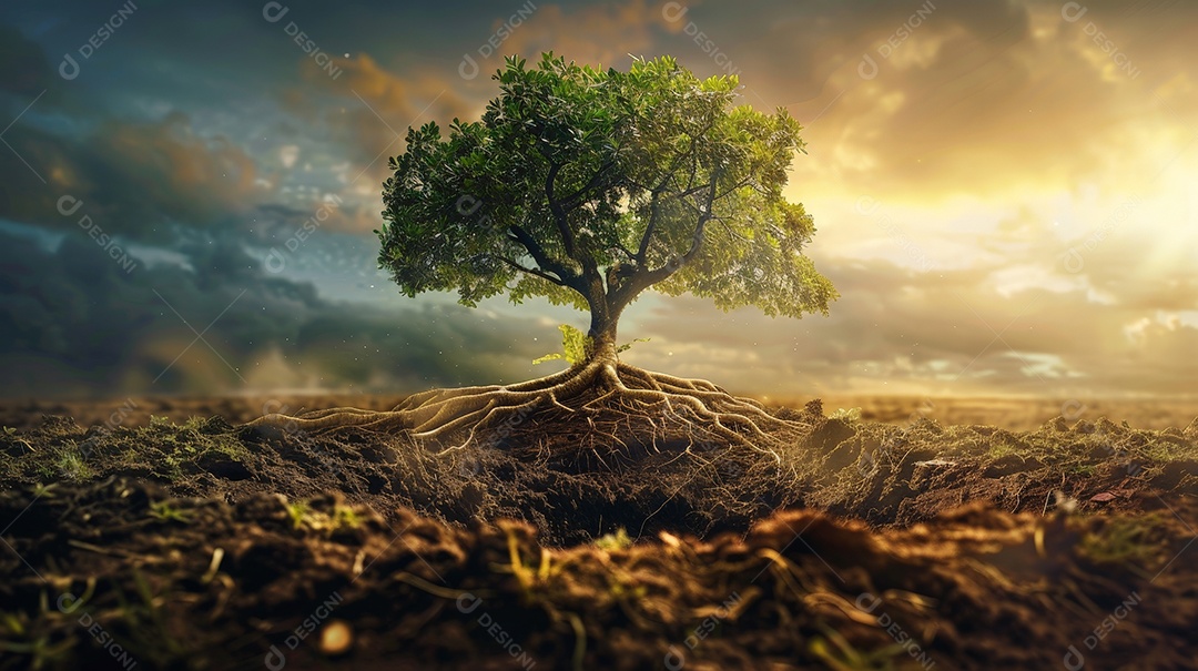 Árvore majestosa com raízes e galhos no centro com pôr do sol
