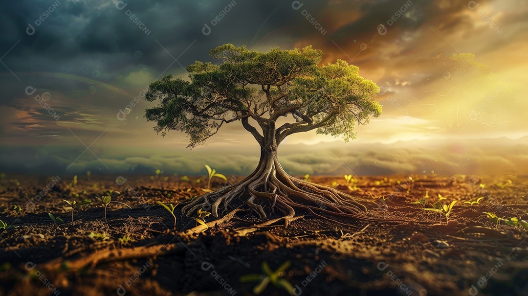 Majestic tree with roots and branches in the center with sunset