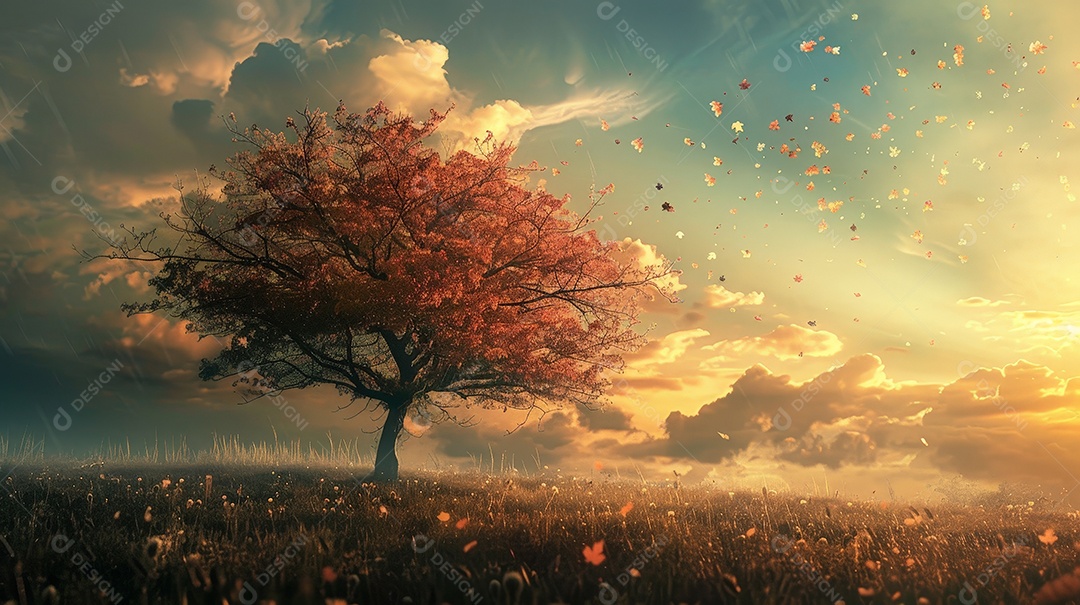 Árvore com folhas caindo em uma campo com céu azul