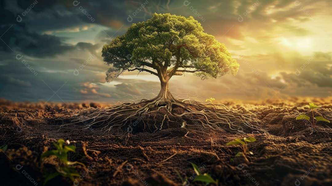 Árvore majestosa com raízes e galhos no centro com pôr do sol