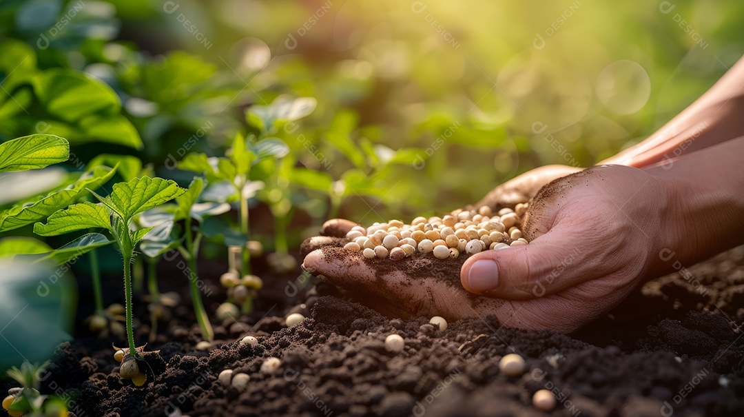 Mão segurando sementes de grãos e plantas nascendo ao fundo