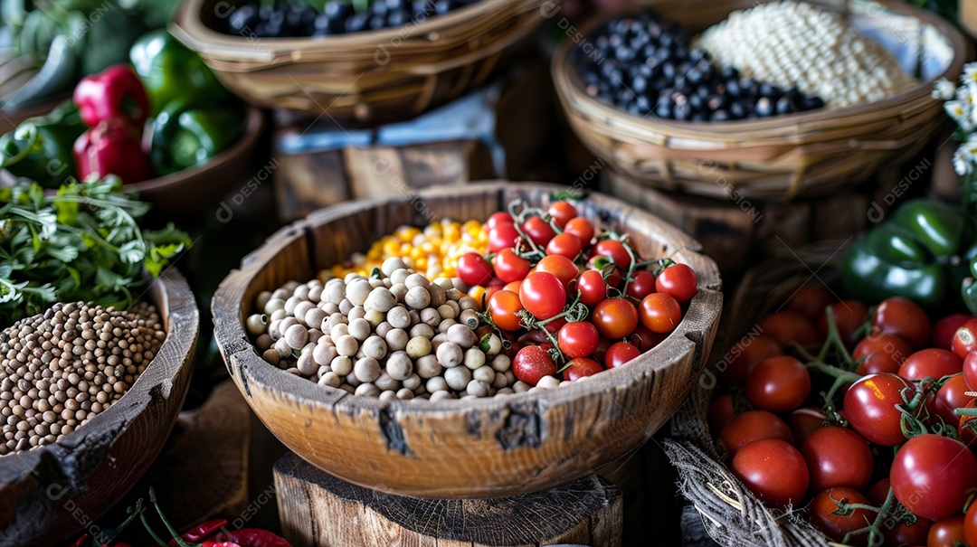 Tigelas com grãos frutos e leguminosas