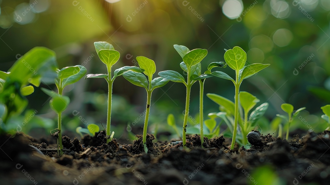 Muitas plantinhas nascendo em solo rico e escuro