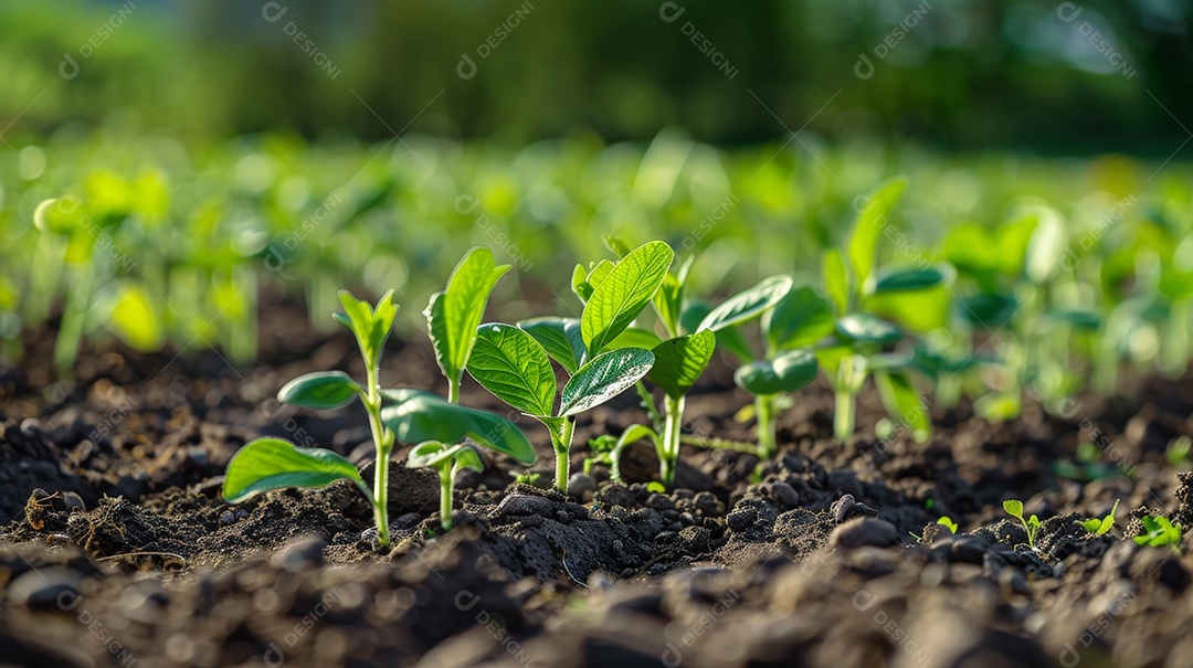 Plantas verdes jovens crescendo em solo rico e escuro e gotas de orvalho brilhando nas folhas