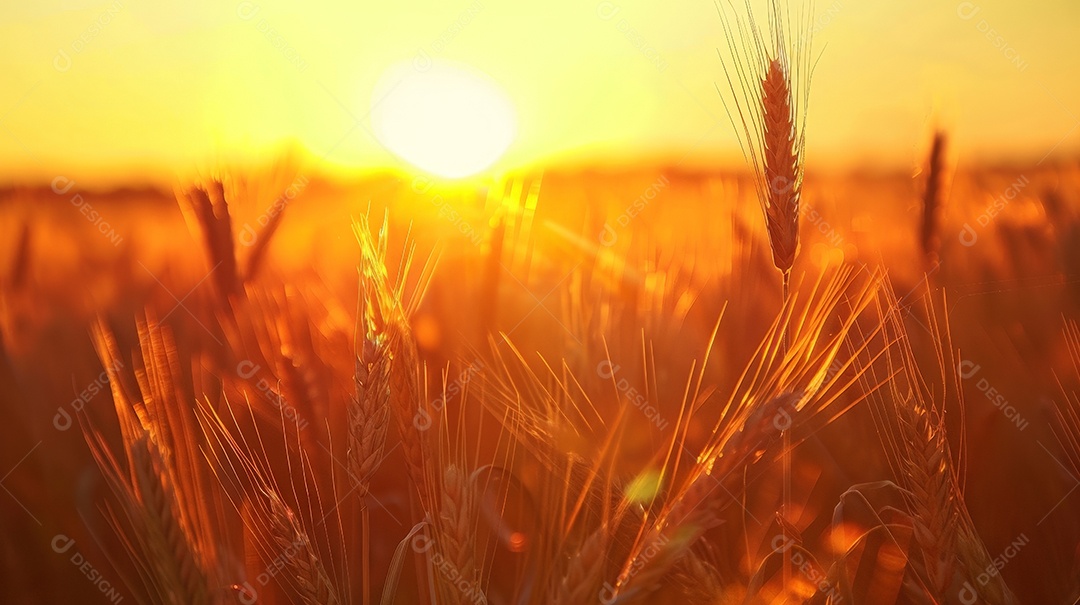 Campo de plantação de trigo ao por do sol