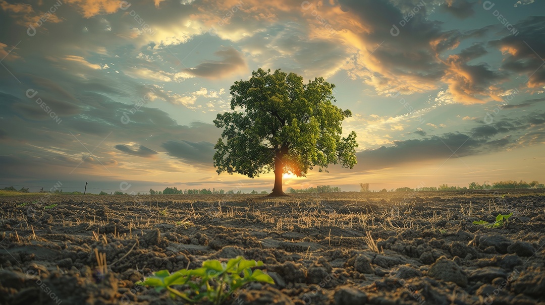 Árvore majestosa com raízes e galhos no centro com pôr do sol