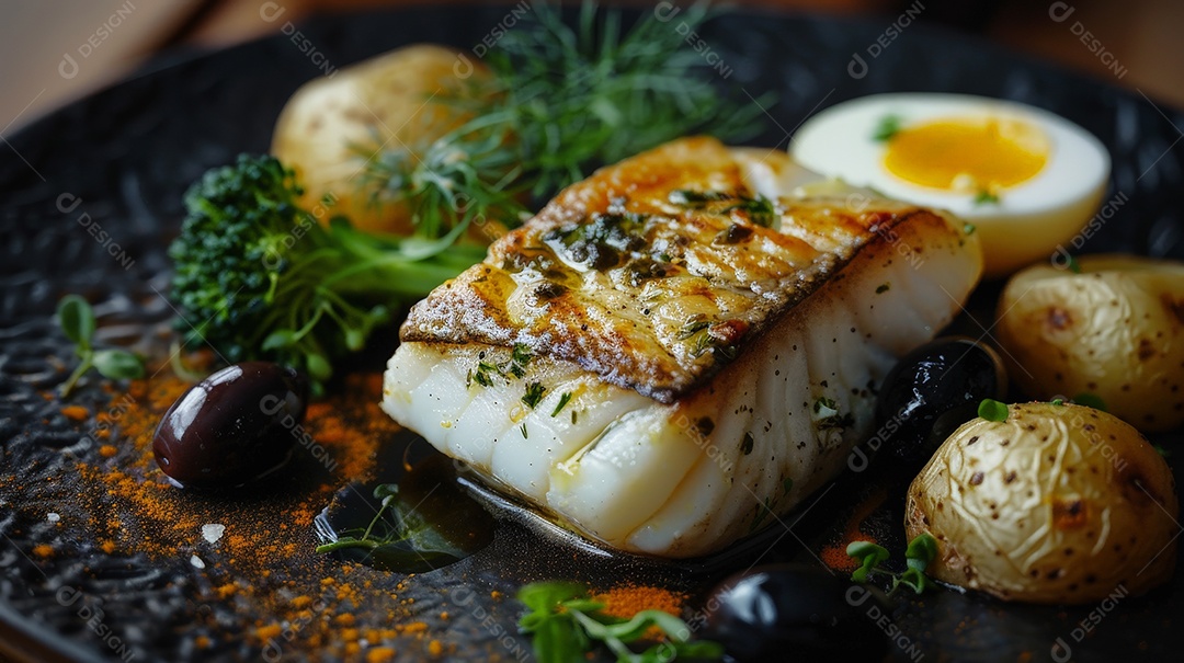 Lombo de bacalhau assado em azeite com batata brócolis e ovo cozido