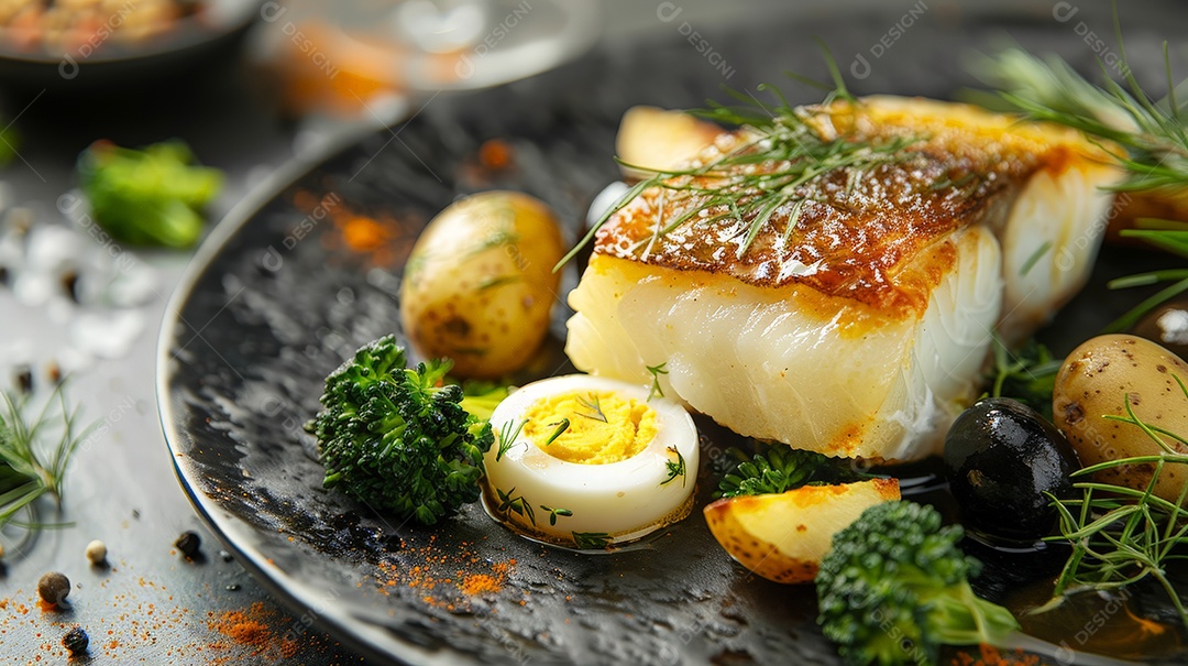 Lombo de bacalhau assado em azeite com batata brócolis e ovo cozido