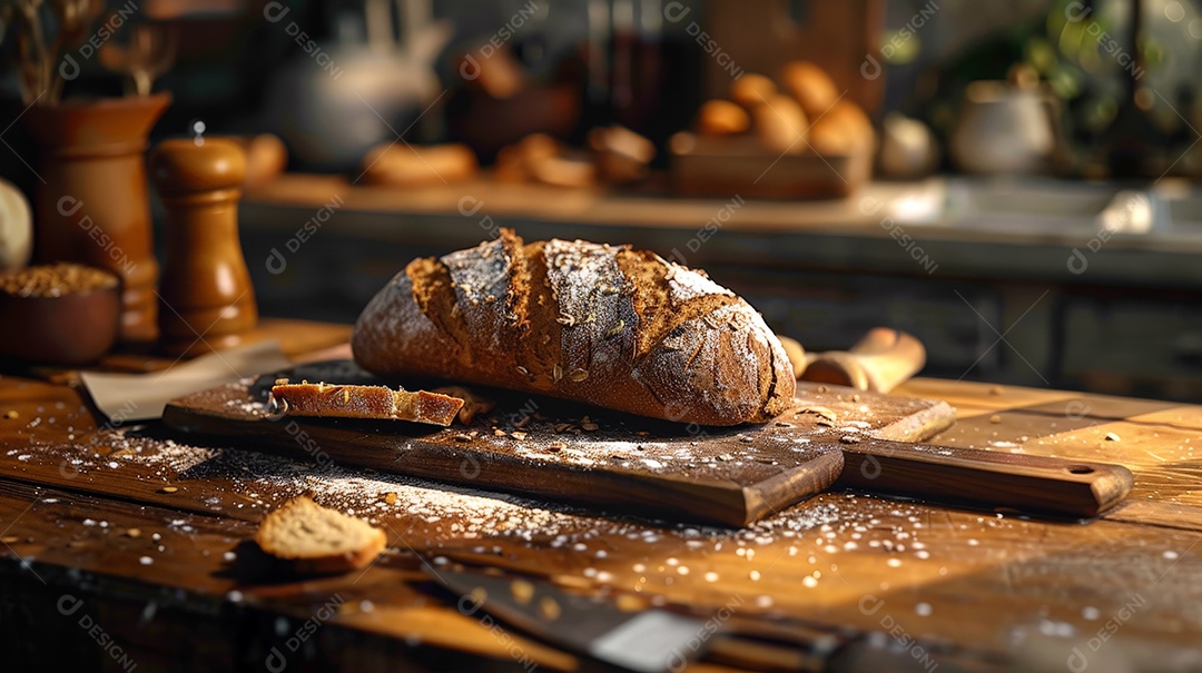 Pão caseiro delicioso sobre tábua de madeira