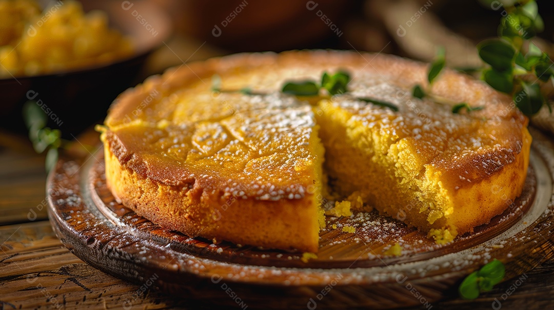 Bolo de milho com fatia tirada deliciosa