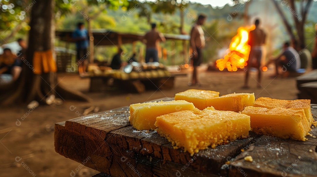 Pedaços de bolo de milho tradicional sobre tábua de madeira