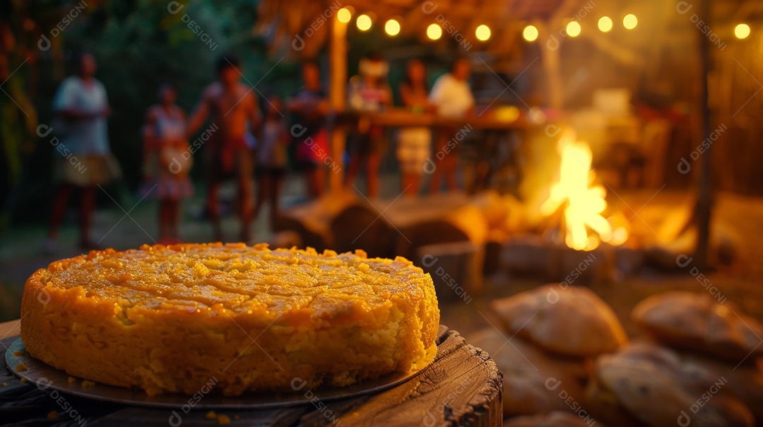 Bolo de milho tradicional brasileiro servido em festa junina em mesa de madeira rústica