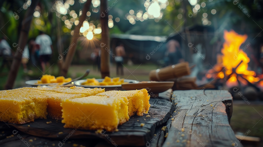 Bolo de milho tradicional brasileiro servido em festa junina em mesa de madeira rústica