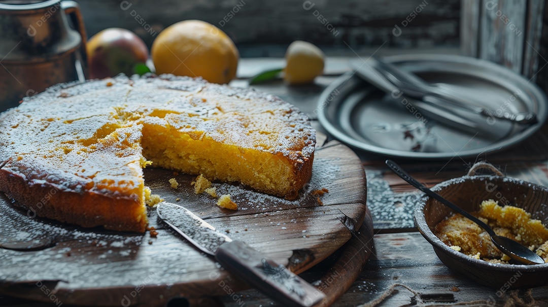 Bolo de milho sobre tábua de madeira