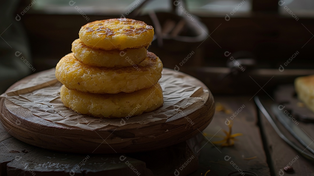 Bolos de milho empilhados sobre tábua de madeira