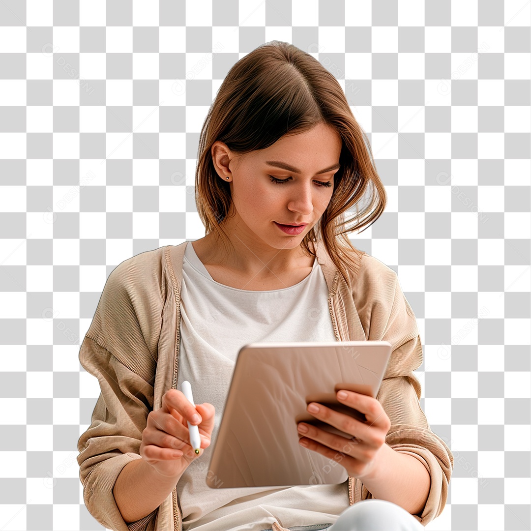 Mulher Segurando Tablet PNG Transparente